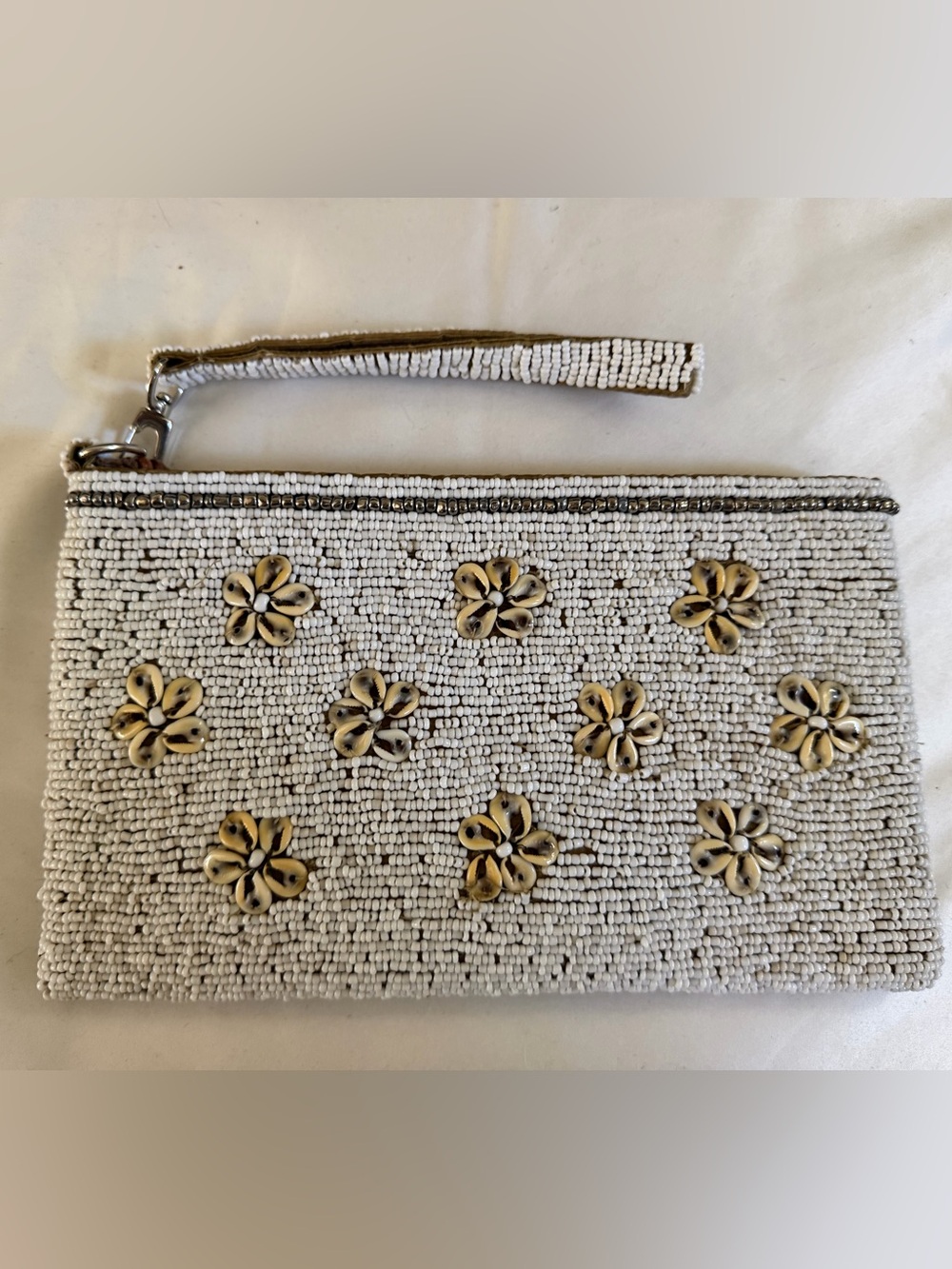 Never Used Tommy Bahama Beaded Off White Evening Bag w/Shell Floral Accents